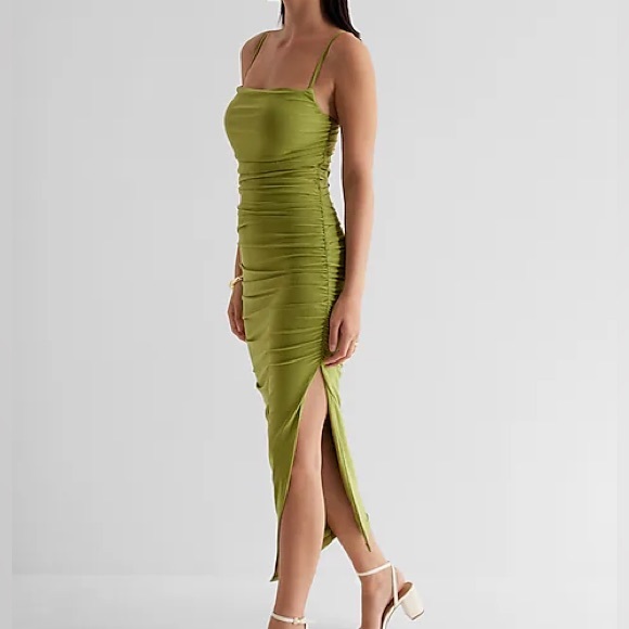 Express BodyCon Ruched Side Slit Midi Dress With Bra Cups in Green - Picture 2 of 9